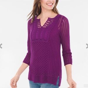 Chico's Open Weave Textured Jamie Knit Crochet Pullover Tunic Magenta Size 0/S